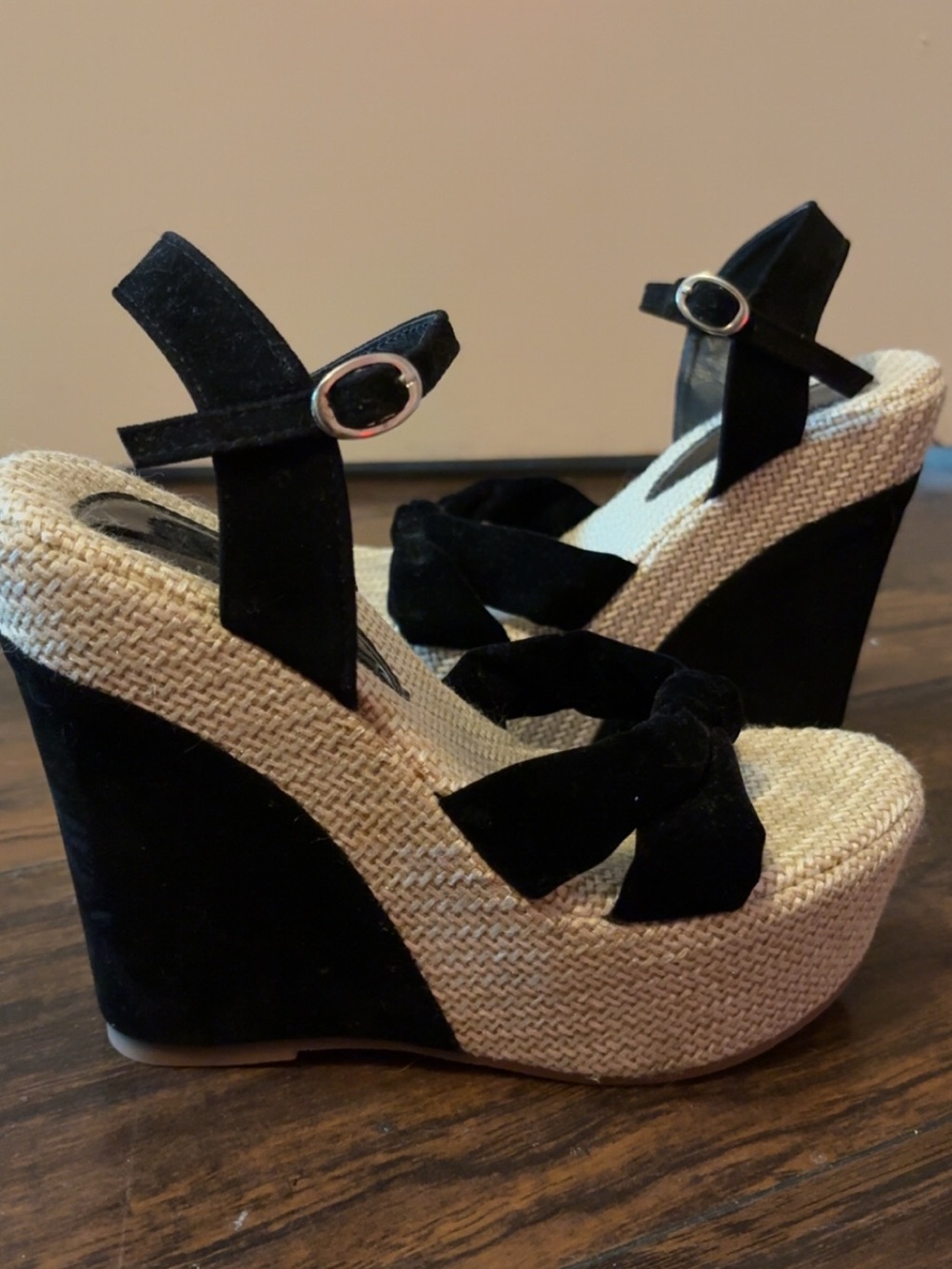Black Suede & Raffia Wedge Sandals - Stylish Platform Heels